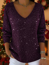 Idonea | Women's V-Neck Sequin Long Sleeve Blouse in Purple