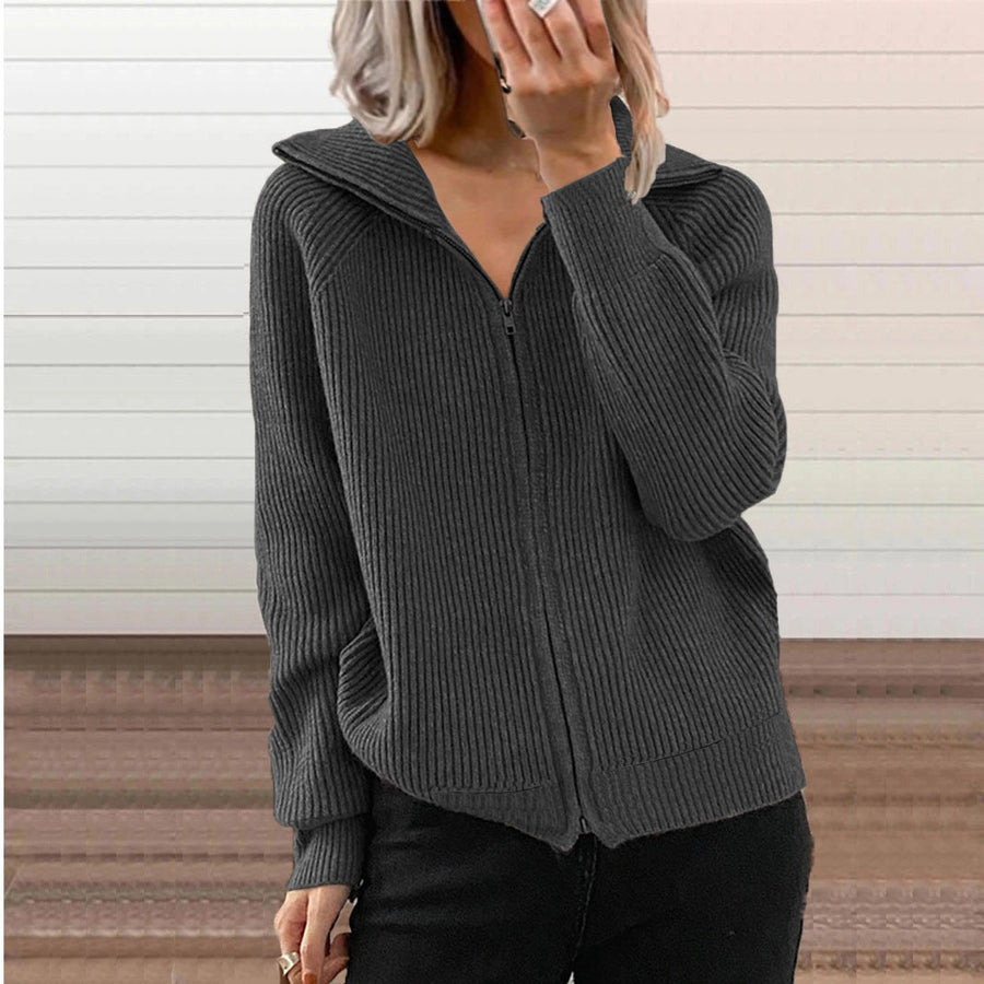 Idunn | Women's Zip Comfortable Knit Cardigan in Dark Gray