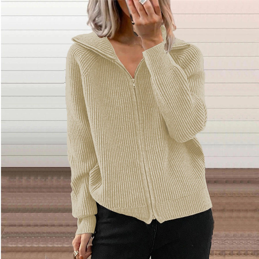Idunn | Women's Zip Comfortable Knit Cardigan in Khaki