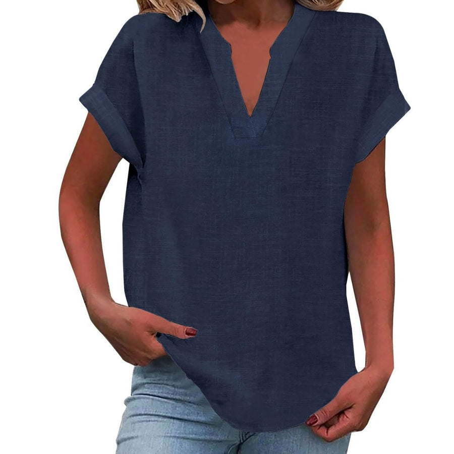 Ilaria | Women's V Neck Short Sleeve Blouse in Dark Blue