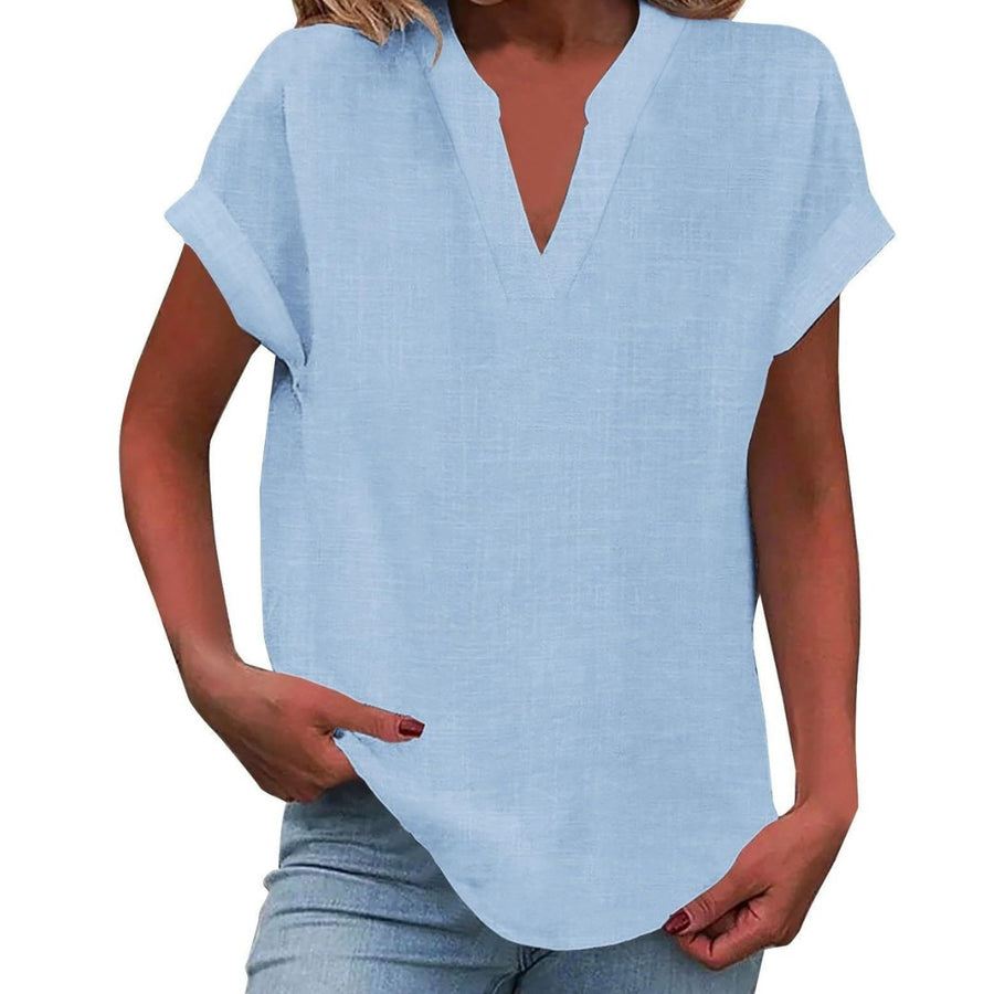 Ilaria | Women's V Neck Short Sleeve Blouse in Light Blue