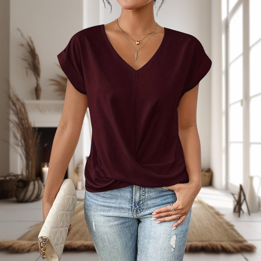 Ilse | Women's V-Neck with Twisted Hem Blouse in Dark Red