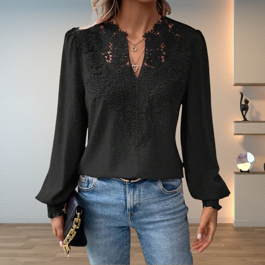 Imelda | Women's V-Neck with Guipure Lace Blouse in Black