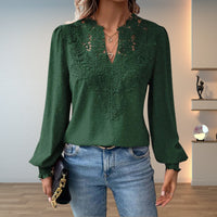 Imelda | Women's V-Neck with Guipure Lace Blouse in Dark Green