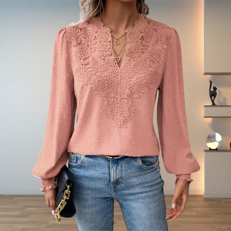 Imelda | Women's V-Neck with Guipure Lace Blouse in Peach