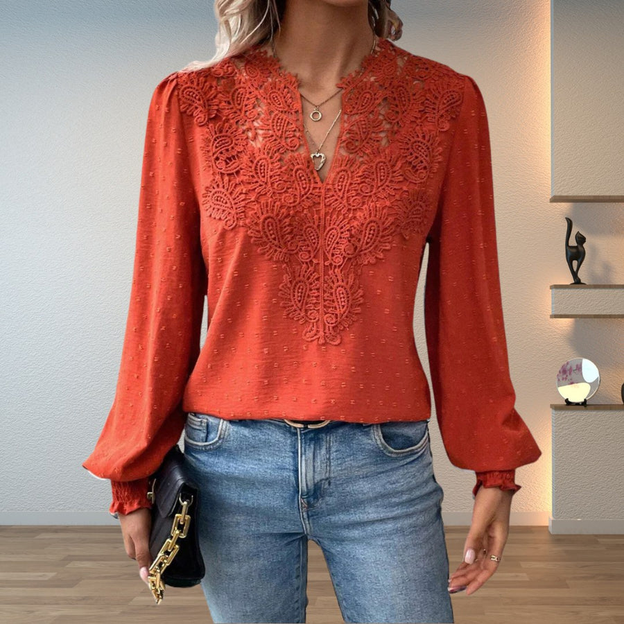 Imelda | Women's V-Neck with Guipure Lace Blouse in Red