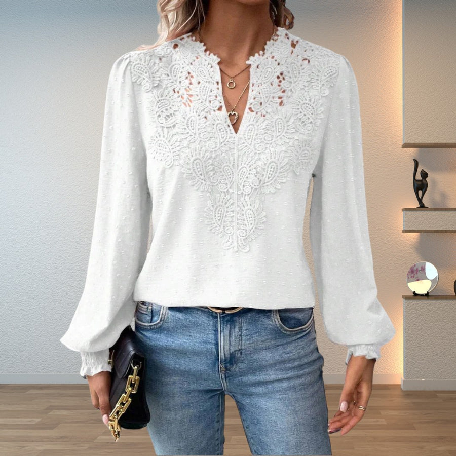 Imelda | Women's V-Neck with Guipure Lace Blouse in White