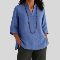Imogen | Women's V-Notch Three-Quarter Sleeve Blouse in Blue