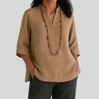 Imogen | Women's V-Notch Three-Quarter Sleeve Blouse in Brown