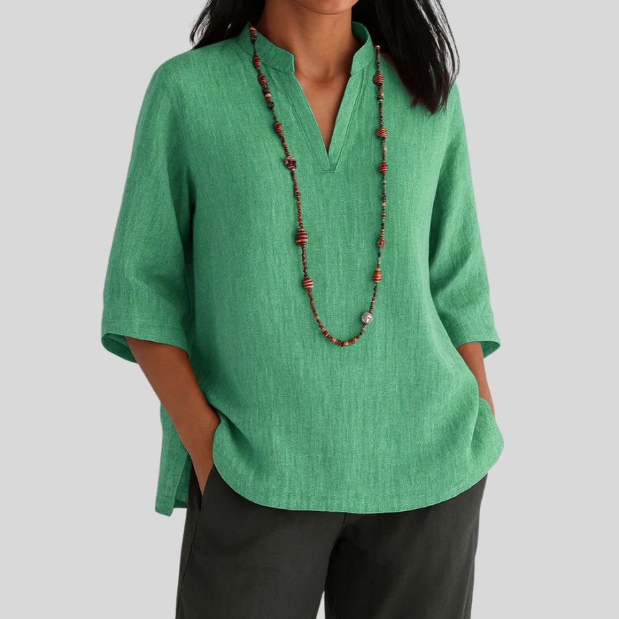 Imogen | Women's V-Notch Three-Quarter Sleeve Blouse in Green