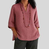 Imogen | Women's V-Notch Three-Quarter Sleeve Blouse in Red