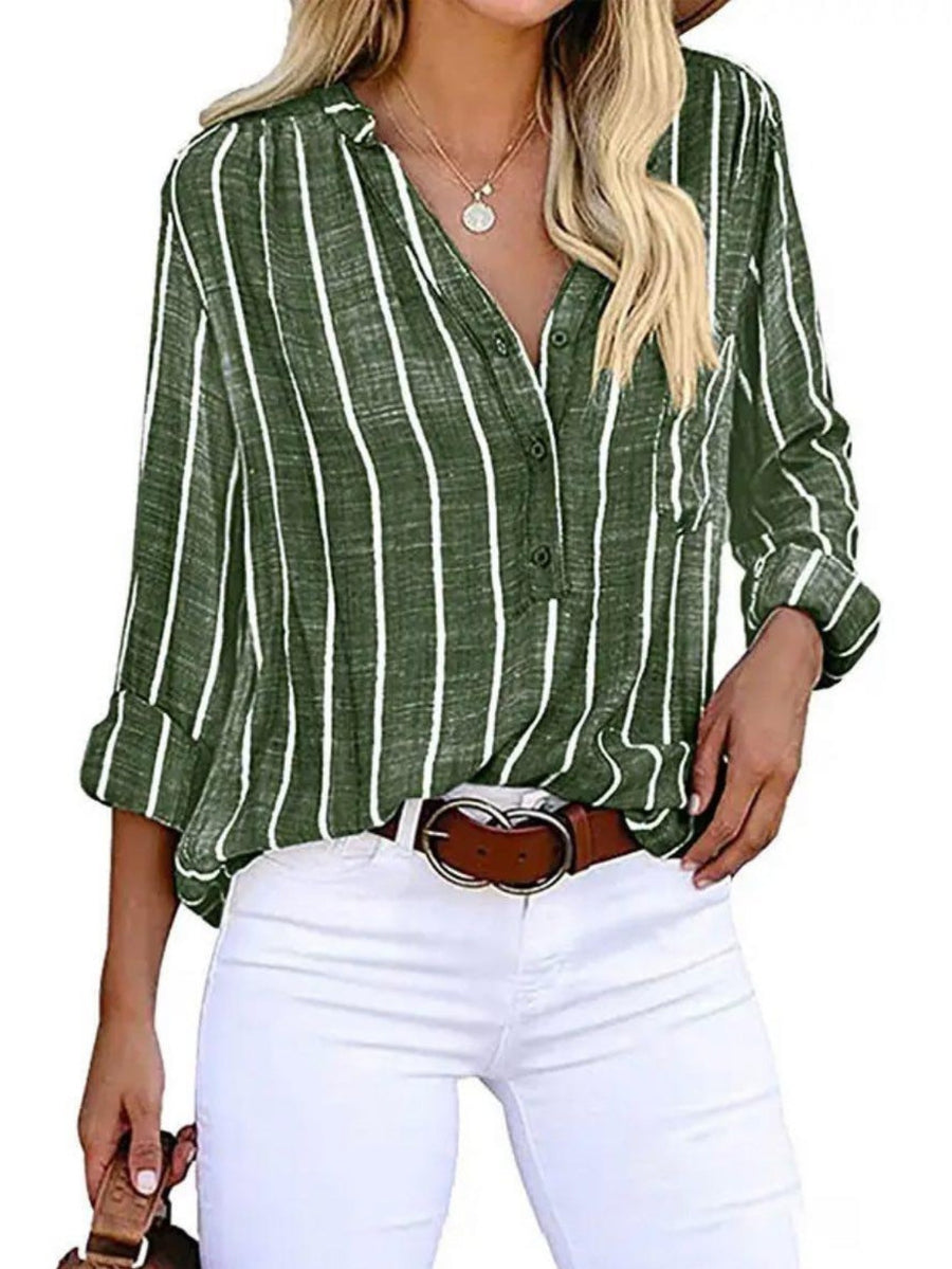 Ines | Women's Vertical Stripe Casual Blouse in Green