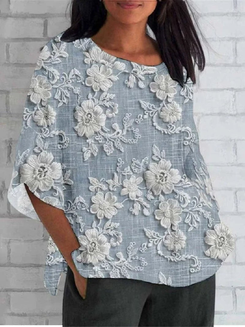 Ingeborg | Women's Vintage Floral Embroidery Blouse in Blue