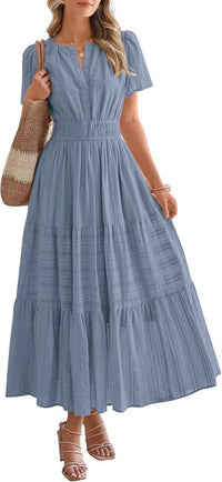 Irelia | Women's V-Neck Elegant Maxi Dress in Blue Gray
