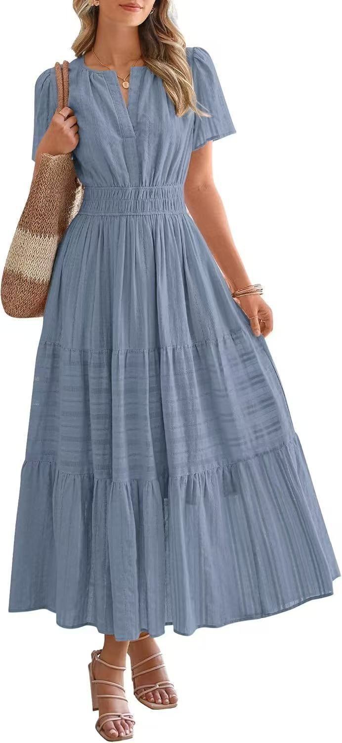 Irelia | Women's V-Neck Elegant Maxi Dress in Blue Gray