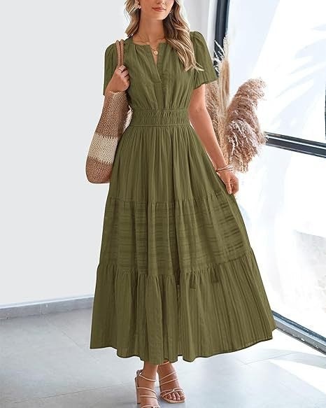 Irelia | Women's V-Neck Elegant Maxi Dress in Olive Green