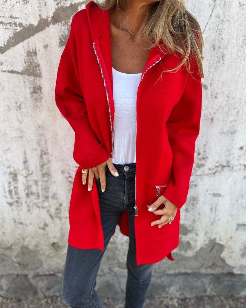 Irena | Women's Hooded Long Sleeve Cardigan in Red