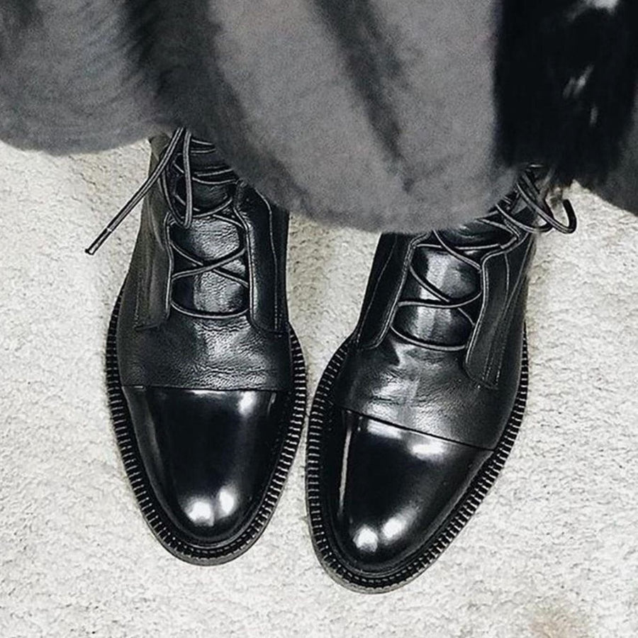 Irene | Women's Lace-Up Leather Ankle Boots Cap Toe Flat Sole