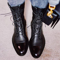 Irene | Women's Lace-Up Leather Ankle Boots Cap Toe Flat Sole