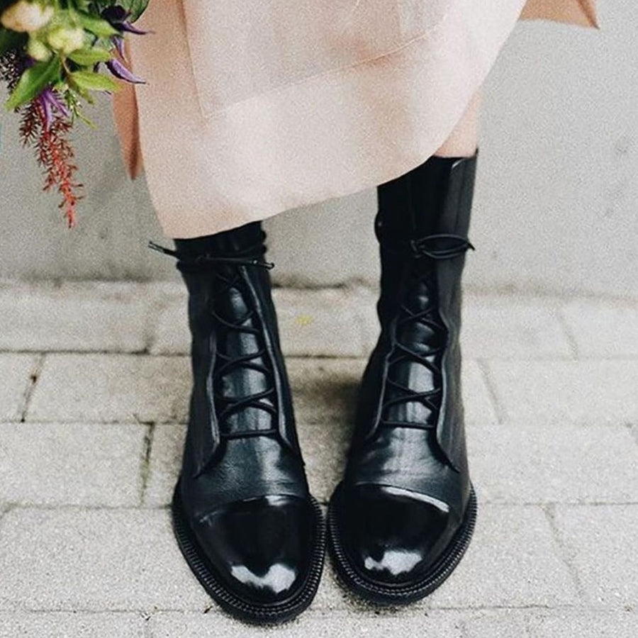 Irene | Women's Lace-Up Leather Ankle Boots Cap Toe Flat Sole