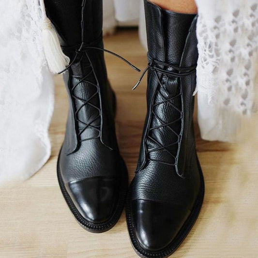 Irene | Women's Lace-Up Leather Ankle Boots Cap Toe Flat Sole in Black