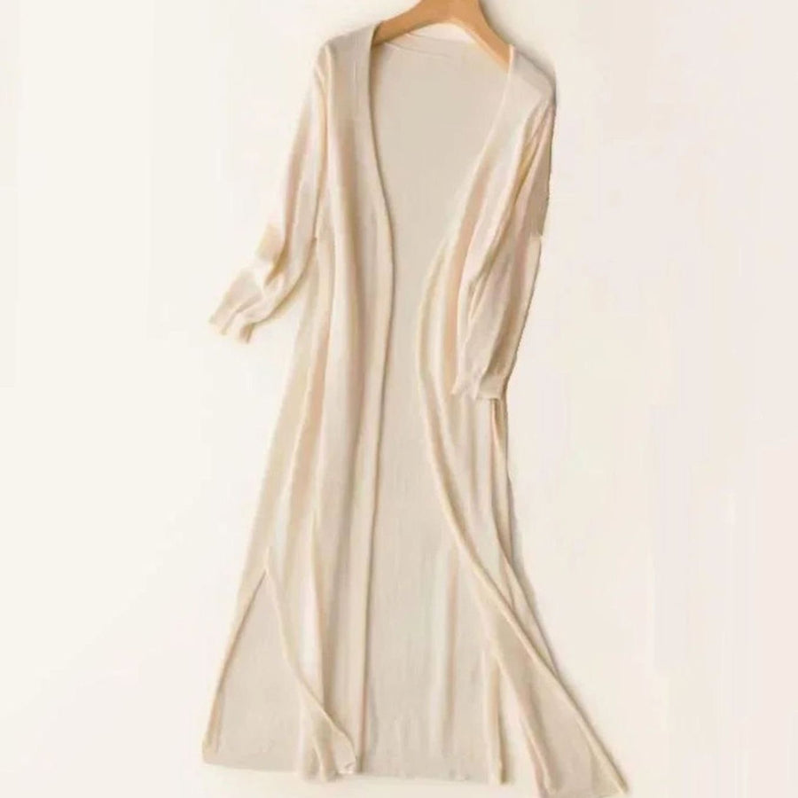 Iris | Women's Relaxed Open-Front Lightweight Knit Long Cardigan in Apricot