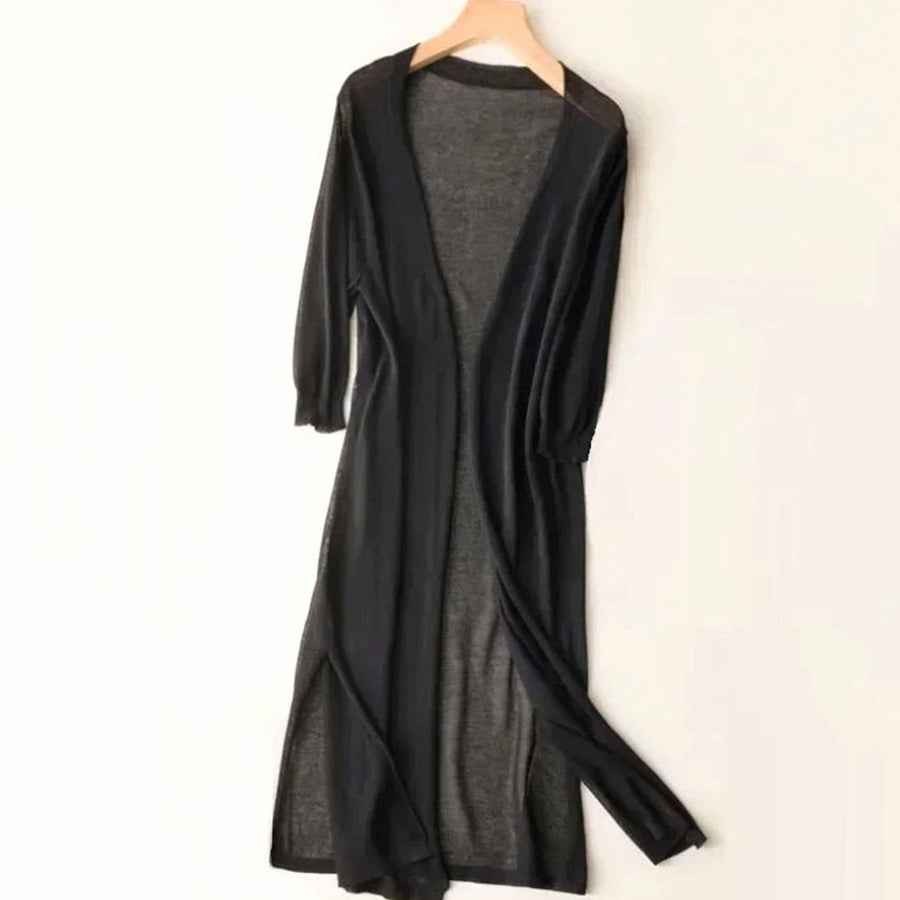 Iris | Women's Relaxed Open-Front Lightweight Knit Long Cardigan in Black