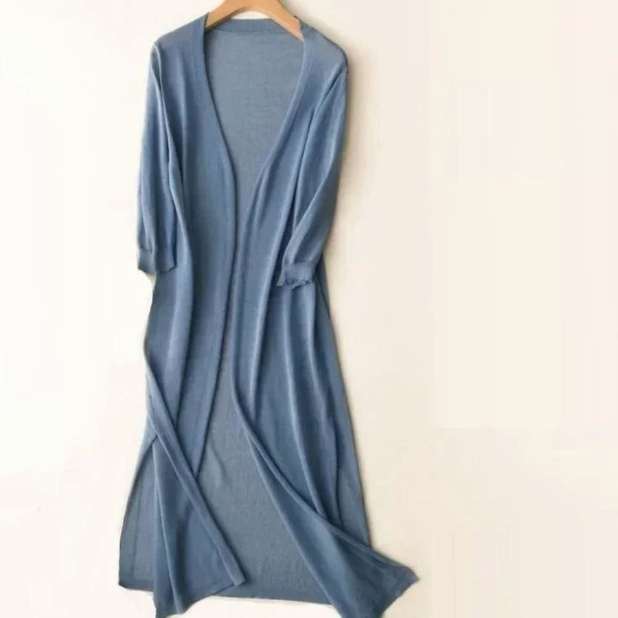 Iris | Women's Relaxed Open-Front Lightweight Knit Long Cardigan in Blue