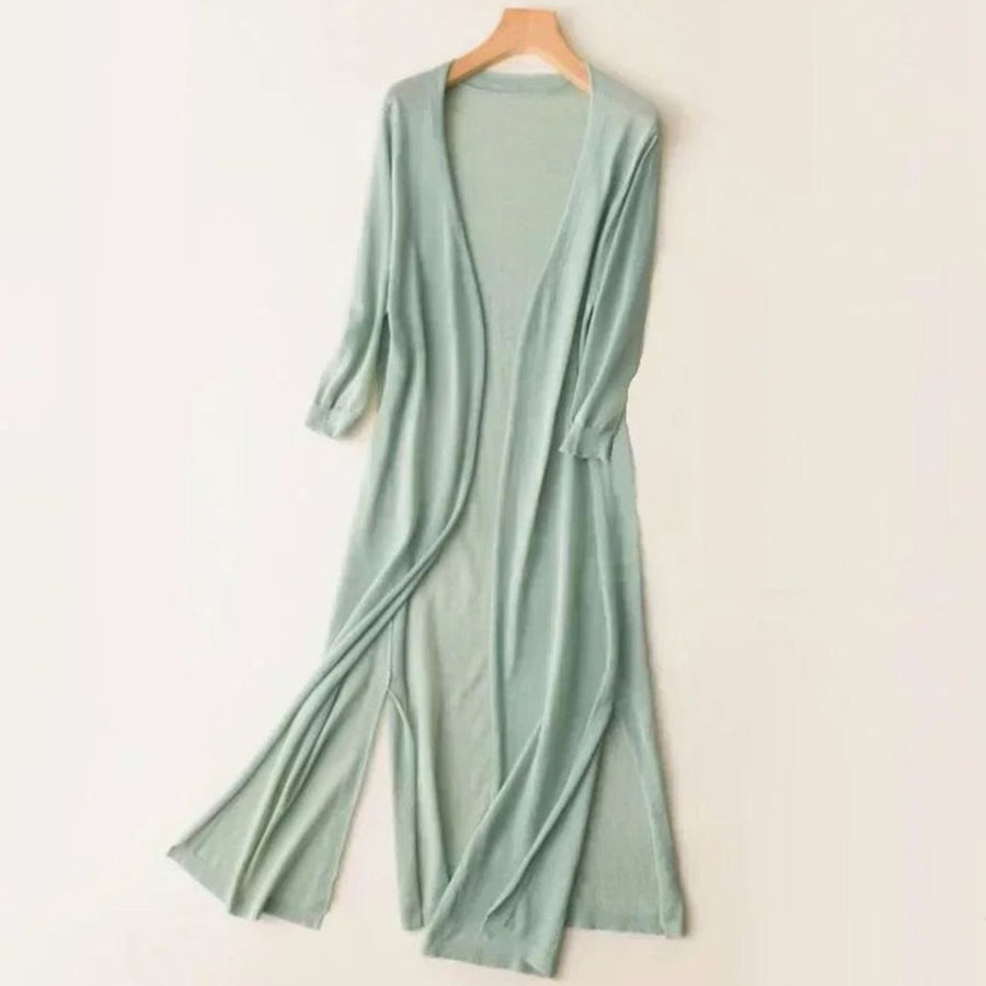 Iris | Women's Relaxed Open-Front Lightweight Knit Long Cardigan in Green