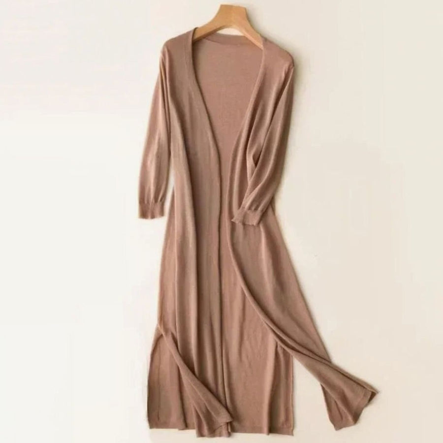 Iris | Women's Relaxed Open-Front Lightweight Knit Long Cardigan in Khaki