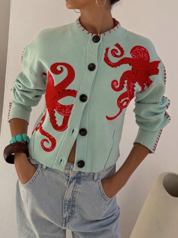Isabeau | Women's Octopus Pattern Knit Cardigan in Light Blue