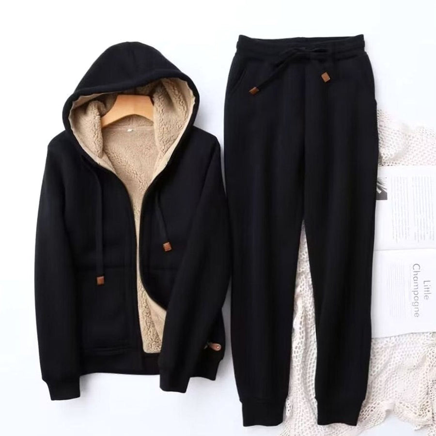 Isabel | Women's Sherpa-Lined Zip-Up Winter Hoodie Jogger Set in Black