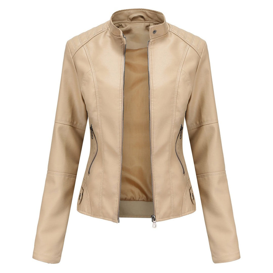 Isabella | Women's Stand Collar Zipper Pockets Jacket in Beige