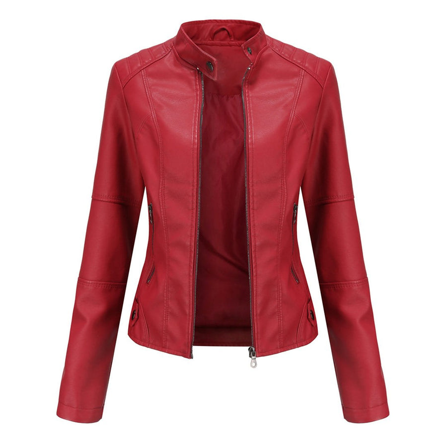 Isabella | Women's Stand Collar Zipper Pockets Jacket in Red