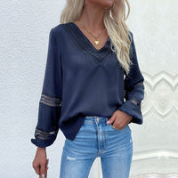 Isadora | Women's V-Neck Lace Modern Blouse in Dark Blue
