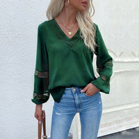 Isadora | Women's V-Neck Lace Modern Blouse in Pine Green
