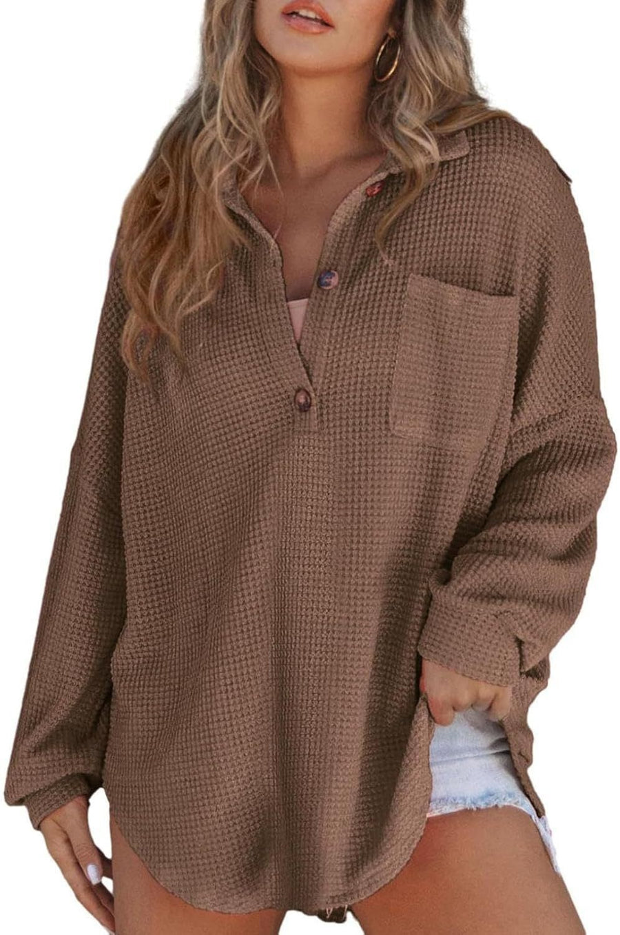 Isandra | Women's Button Detail Long Sleeve Shirt in Coffee