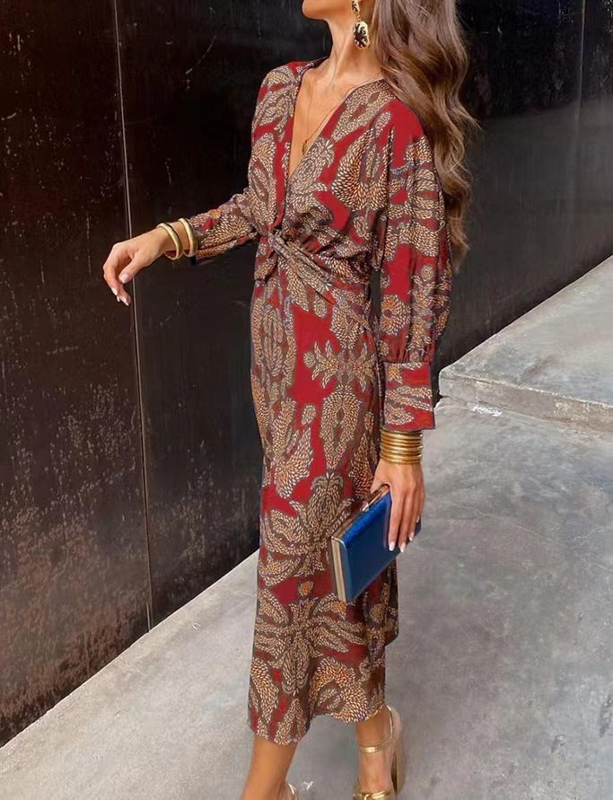 Iselin | Women's Wrap Floral Elegant Maxi Dress in Burgundy