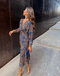 Iselin | Women's Wrap Floral Elegant Maxi Dress in Dark Blue