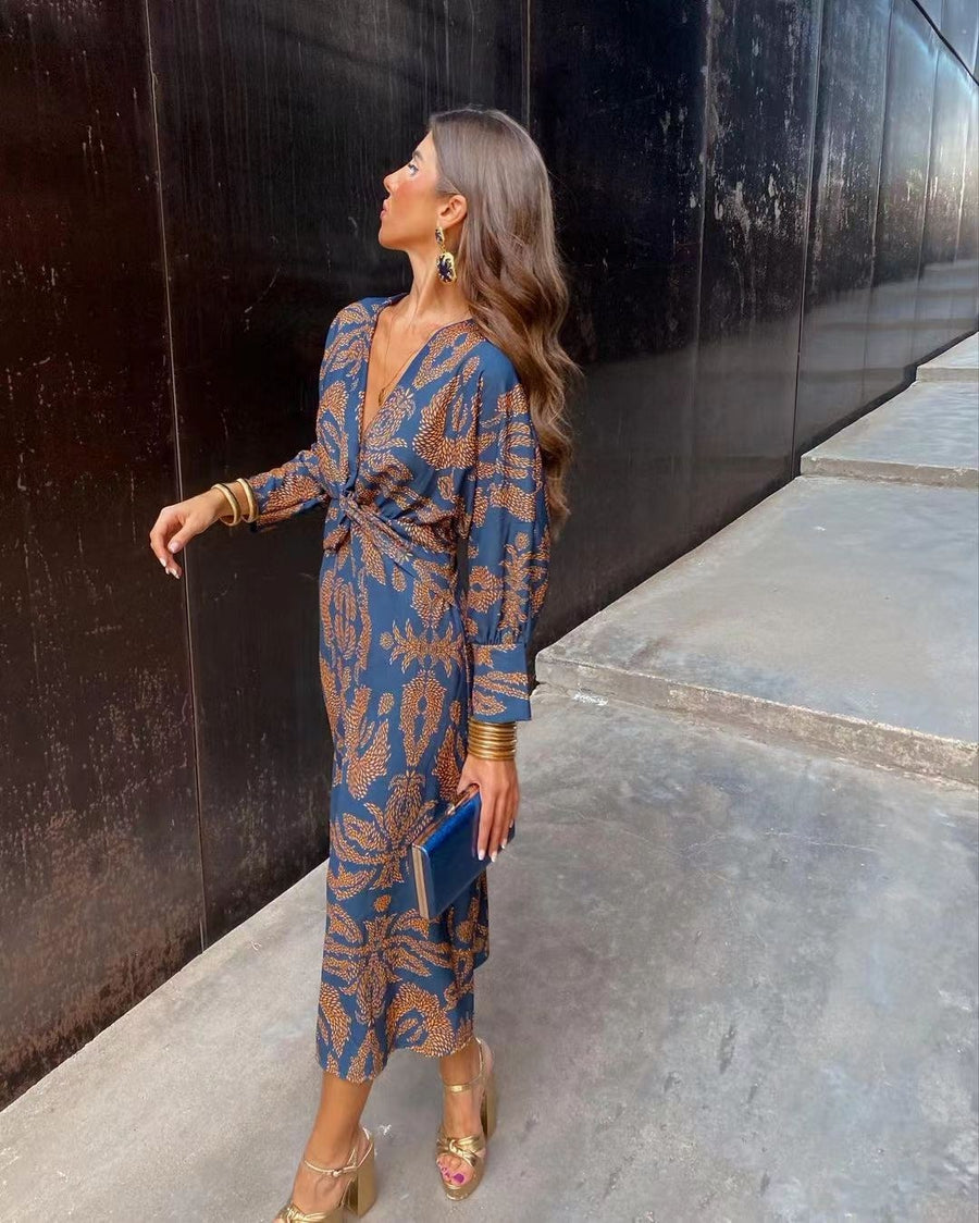 Iselin | Women's Wrap Floral Elegant Maxi Dress in Dark Blue