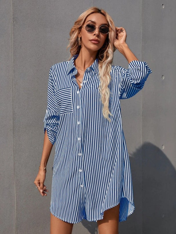 Isla | Women's Striped Shirt Dress in Royal Blue