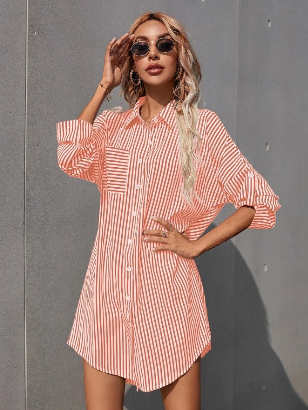 Isla | Women's Striped Shirt Dress in Skin