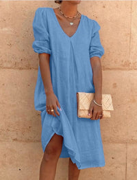 Ismenia | Women's V-Neck Puff Sleeve Dress in Blue
