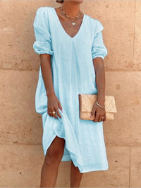 Ismenia | Women's V-Neck Puff Sleeve Dress in Light Blue