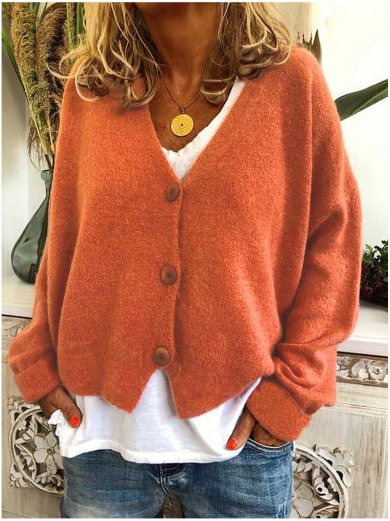 Isolde | Women's V-Neck Button Front Cardigan in Brown Orange