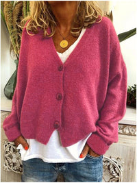 Isolde | Women's V-Neck Button Front Cardigan in Dark Pink