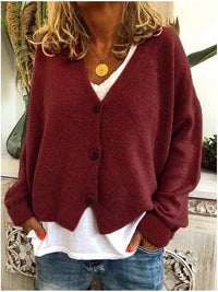 Isolde | Women's V-Neck Button Front Cardigan in Dark Red
