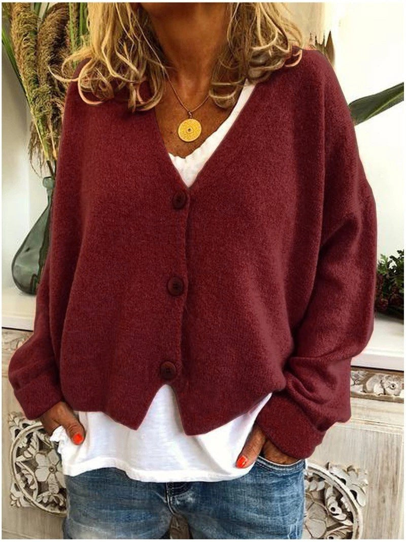 Isolde | Women's V-Neck Button Front Cardigan in Dark Red