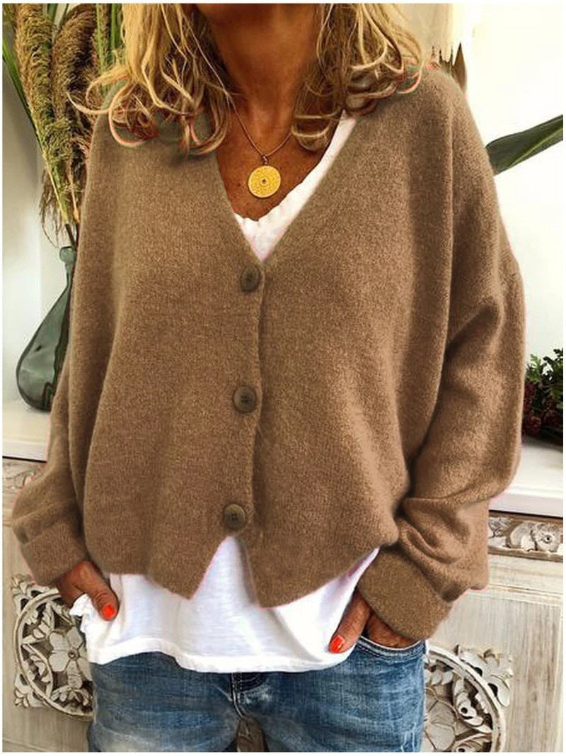 Isolde | Women's V-Neck Button Front Cardigan in Khaki