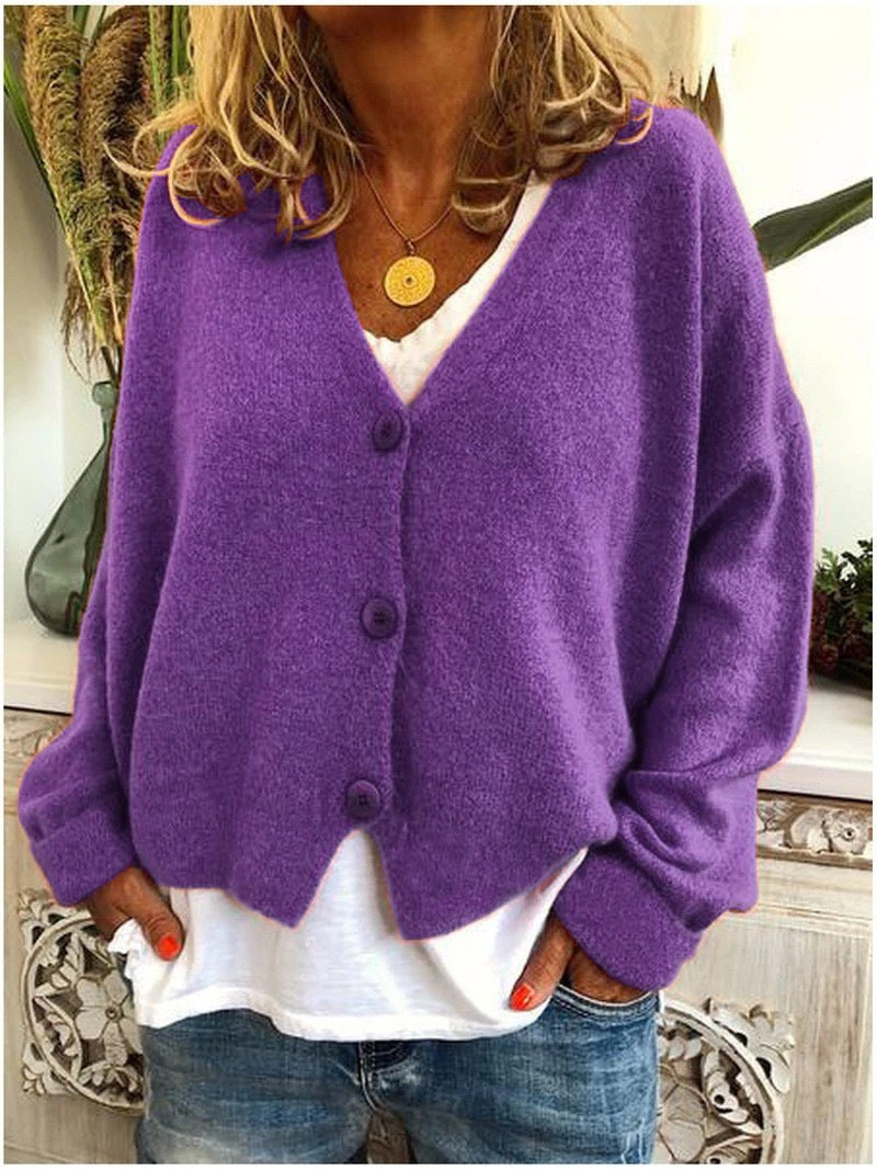 Isolde | Women's V-Neck Button Front Cardigan in Purple